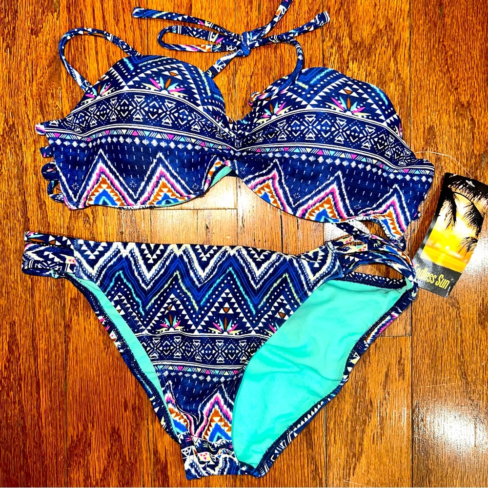 Blue multicolored Push-up Bandeau Bikini